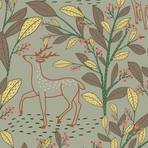 Reindeers in woodland - Decorative winter foliage and Reindeer in Sage green 