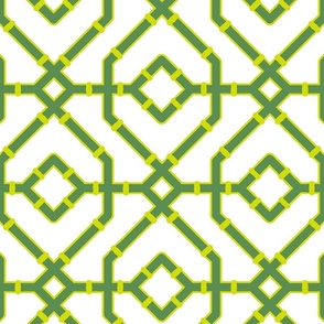 Chinoiserie bamboo trellis - Kelly green and chartreuse on white (#FFFFFF) - large