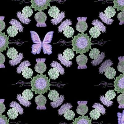 Flowering Artichoke & Butterfly Boho Print On Black