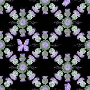 Flowering Artichoke & Butterfly Boho Print On Black