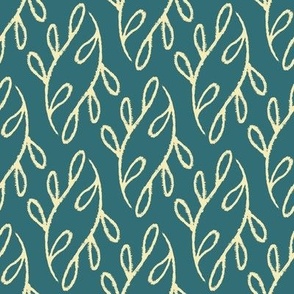 Block Print Wavy Boho Leaves in Peacock Blue and Butter Cream