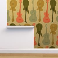 Self-expression large - Hand drawn guitars in retro vintage colours on cream beige background