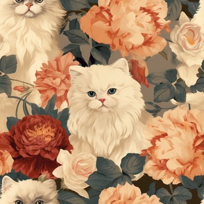 Fluffy White Cats With Peonies