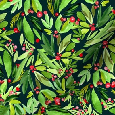 Watercolor Christmas Wreath -red berries / medium