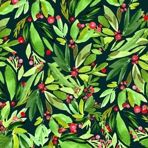 Watercolor Christmas Wreath -red berries / medium