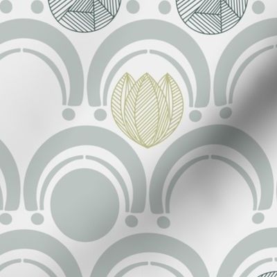 Abstract geometric arches, stripe patterned tulips and circles