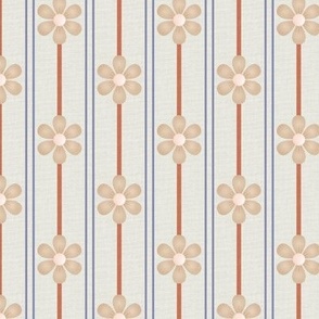  Vintage Daisy Elegance medium- Soft Neutral Florals with Double Stripes on Textured Linen for Timeless Decor and Crafts