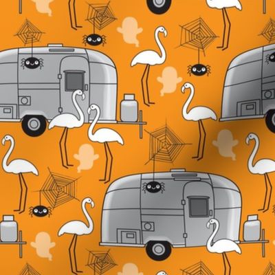 Halloween aluminum trailers and flamingos