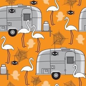 Halloween aluminum trailers and flamingos