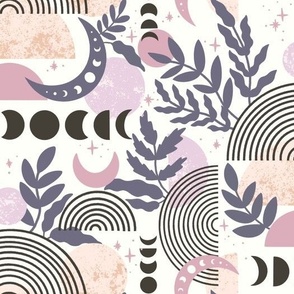 Magical Moon Phases - Minimalist Lines, Moon, Moon Phase, Leaves, Plants, Stars, Phase, Circles, Peach, Pink, Purple