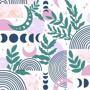 Magical Moon Phases - Minimalist Lines, Moon, Moon Phase, Leaves, Plants, Stars, Phase, Circles, Teal, Pink, Purple