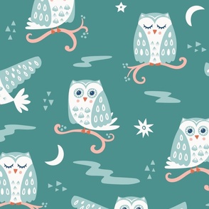 Tuwit Tuwoo, green (Large) - sleepy cute owls, moon and stars