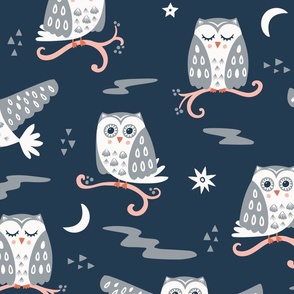 Tuwit Tuwoo, navy blue (Large) - sleepy cute owls, moon and stars