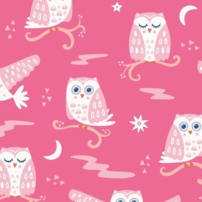 Tuwit Tuwoo, pink (Large) - sleepy cute owls, moon and stars