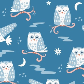 Tuwit Tuwoo, mid blue (Large) - sleepy cute owls, moon and stars