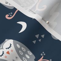 Tuwit Tuwoo, navy blue (Medium) - sleepy cute owls, moon and stars