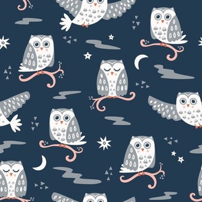 Tuwit Tuwoo, navy blue (Medium) - sleepy cute owls, moon and stars