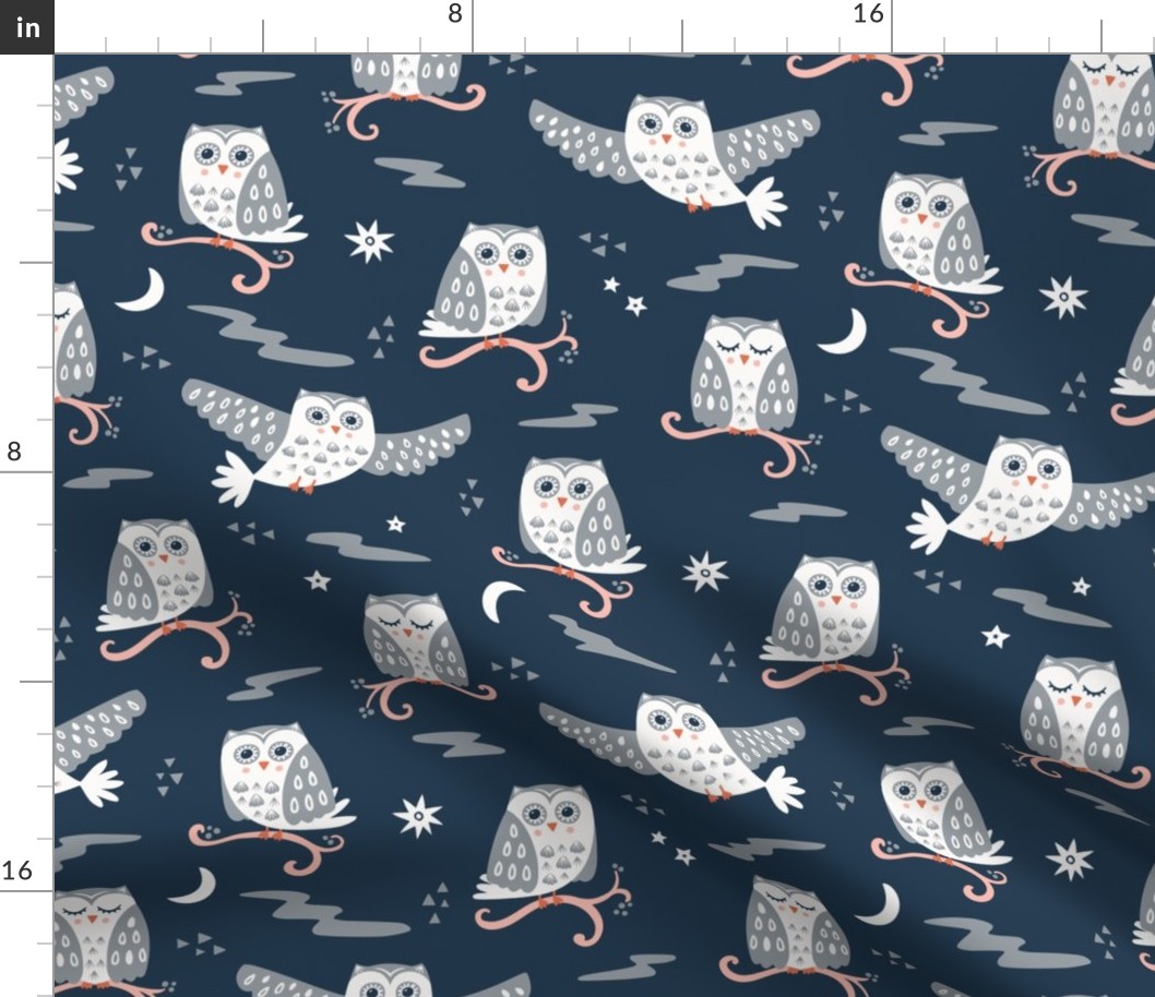 Tuwit Tuwoo, navy blue (Medium) - sleepy cute owls, moon and stars