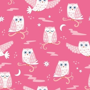 Tuwit Tuwoo, pink (Medium) - sleepy cute owls, moon and stars