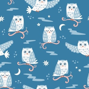 Tuwit Tuwoo, mid blue (Medium) - sleepy cute owls, moon and stars