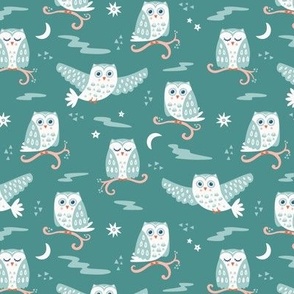 Tuwit Tuwoo, green (Small) - sleepy cute owls, moon and stars