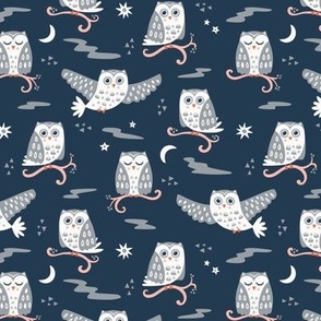 Tuwit Tuwoo, navy blue (Small) - sleepy cute owls, moon and stars