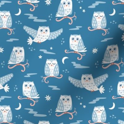 Tuwit Tuwoo, mid blue (Small) - sleepy cute owls, moon and stars