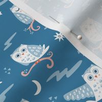 Tuwit Tuwoo, mid blue (Small) - sleepy cute owls, moon and stars