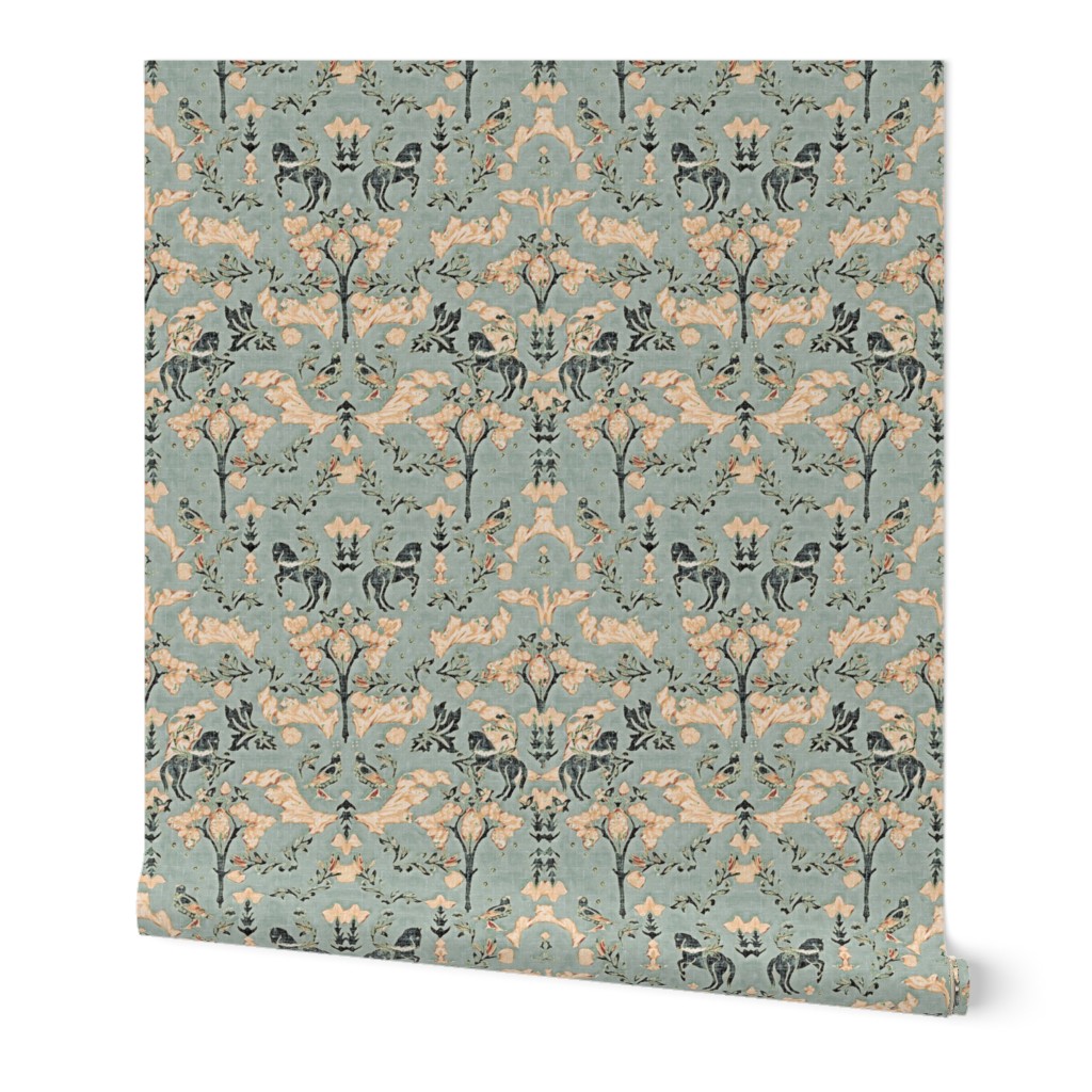 Countryside Equestrian Faux Texture Antique Blue Green and Tans