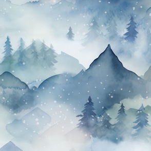 Whispers Of Winter Rural Watercolor Landscape With Snowflakes In Shades Of Blue Large Scale