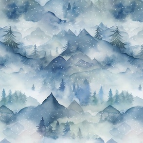 Whispers Of Winter Rural Watercolor Landscape With Snowflakes In Shades Of Blue Medium Scale