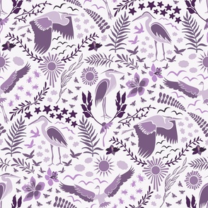 Monochromatic Blue Herons // large // purple, birds, plants, flowers