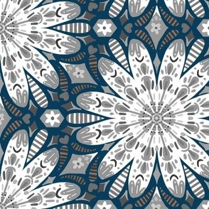 Tiled Flowers in White and Grey on Muted Navy Blue - Large