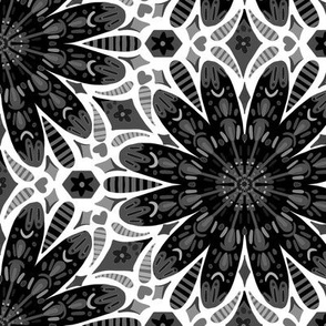 Tiled Flowers in Black with white and grey - Large