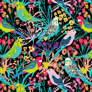 Parakeets floral doodle black 