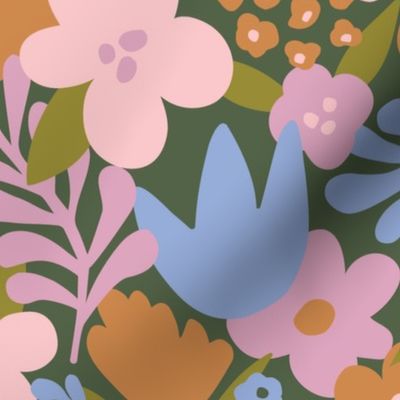 Jumbo: Abstract Wildflowers in Blue, Orange and Pink, Spring Florals