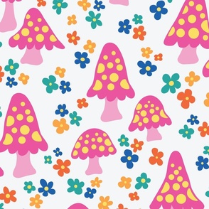 Mushroom and Daisy Flowers - Large Scale - Trendy Boho HIppy Bright Groovy Retro