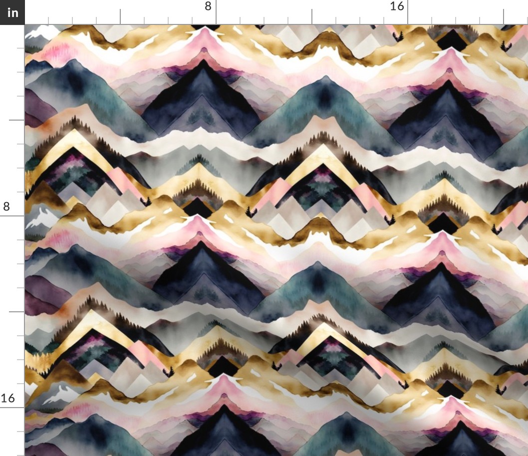 gold and pink mountain chevron, abstract watercolor