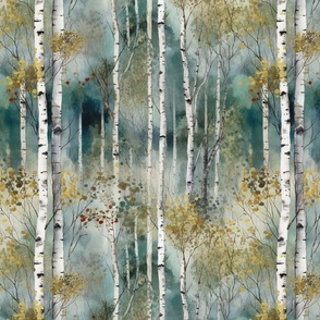 Smaller Endless Birch Tree Dreamscape Trees in Misty Forest Watercolor 