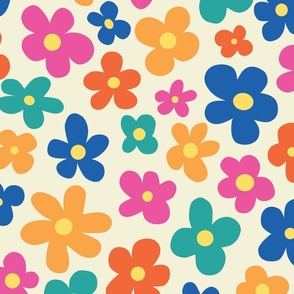 Daisy Flower Power - Large Scale - Tossed Daisy Retro Style Flowers