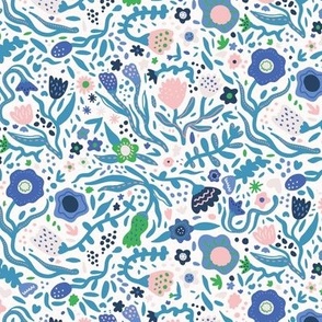Medium - Summer abstract floral, modern floral design, white, blue, pastel blue, pastel pink, green