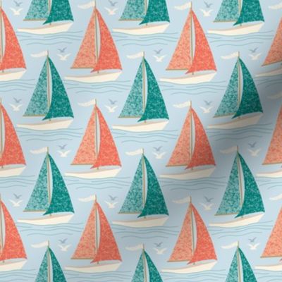 Small Sailboats on the Lake, Coral and Teal