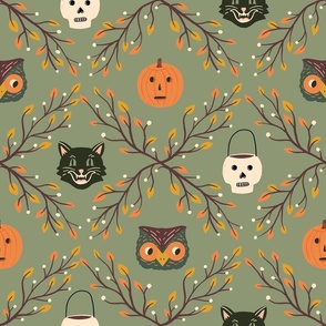Large Vintage Halloween Print with Skulls, Pumpkins, Cats, and Owls on Moss Green 