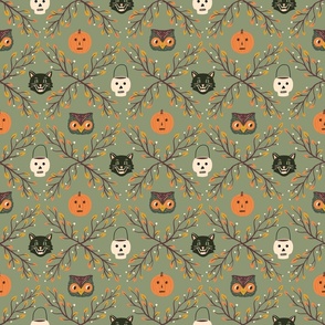 Medium Vintage Halloween Print with Skulls, Pumpkins, Cats, and Owls on Moss Green 