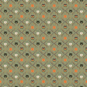 Small Vintage Halloween Print with Skulls, Pumpkins, Cats, and Owls on Moss Green 