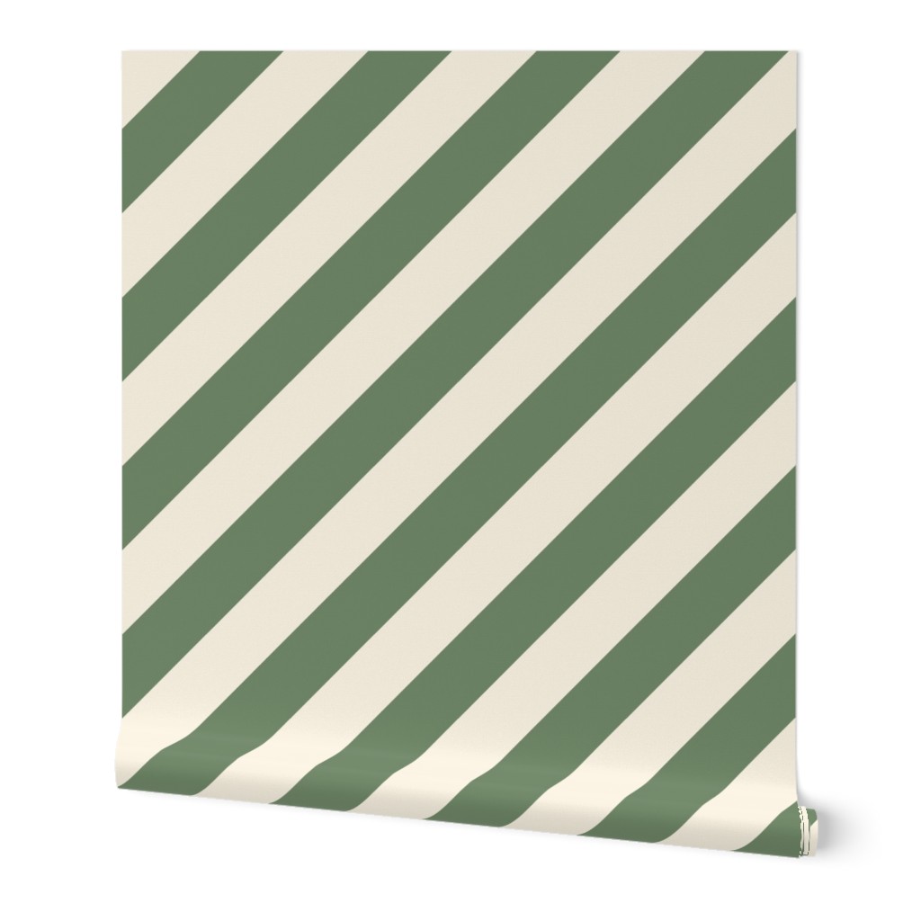 Seaweed Green and Ivory Diagonal Stripes