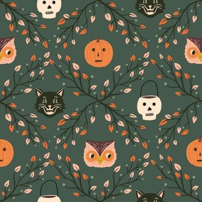 Large Vintage Halloween Print with Skulls, Pumpkins, Cats, and Owls on Dark Green 