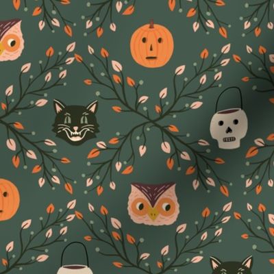 Medium Vintage Halloween Print with Skulls, Pumpkins, Cats, and Owls on Dark Green 