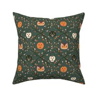 Medium Vintage Halloween Print with Skulls, Pumpkins, Cats, and Owls on Dark Green 