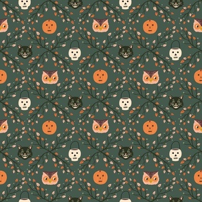 Medium Vintage Halloween Print with Skulls, Pumpkins, Cats, and Owls on Dark Green 
